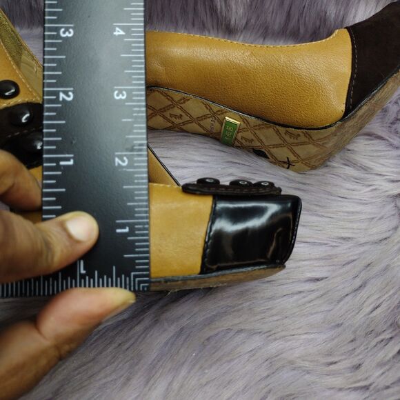 L.A.M.B. Leather Tuxedo Platform Pump Shoes Womens Size 6 Tan Brown Black - Picture 10 of 10
